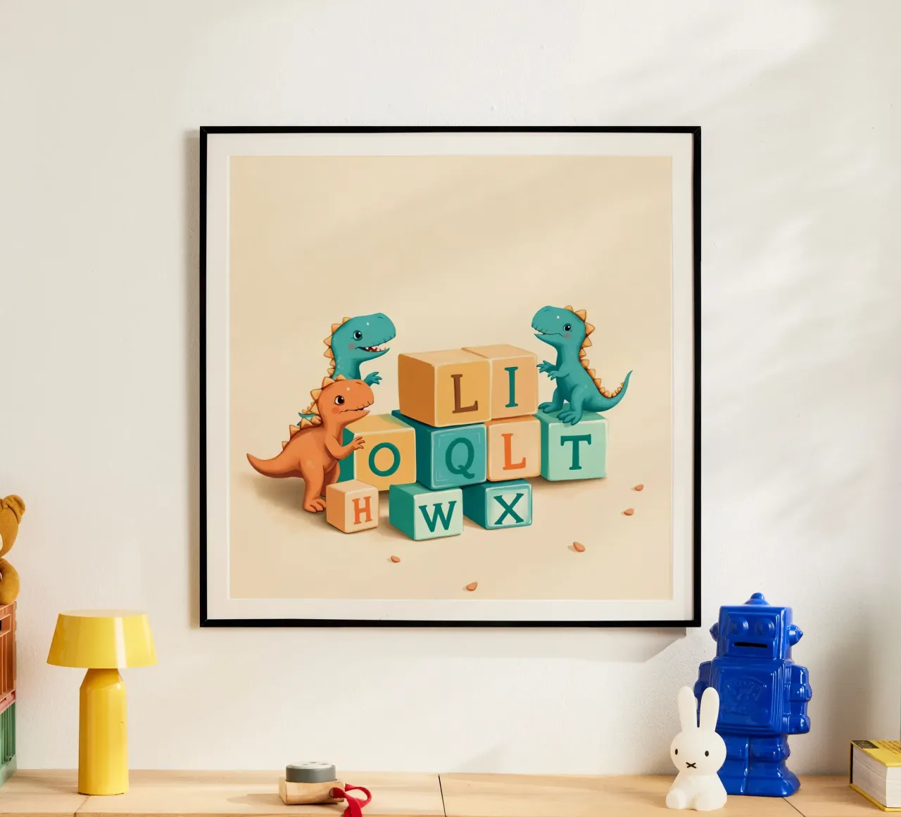 Cute cartoon dinosaurs playing with colorful building blocks poster with wooden frame by DesignDoodle