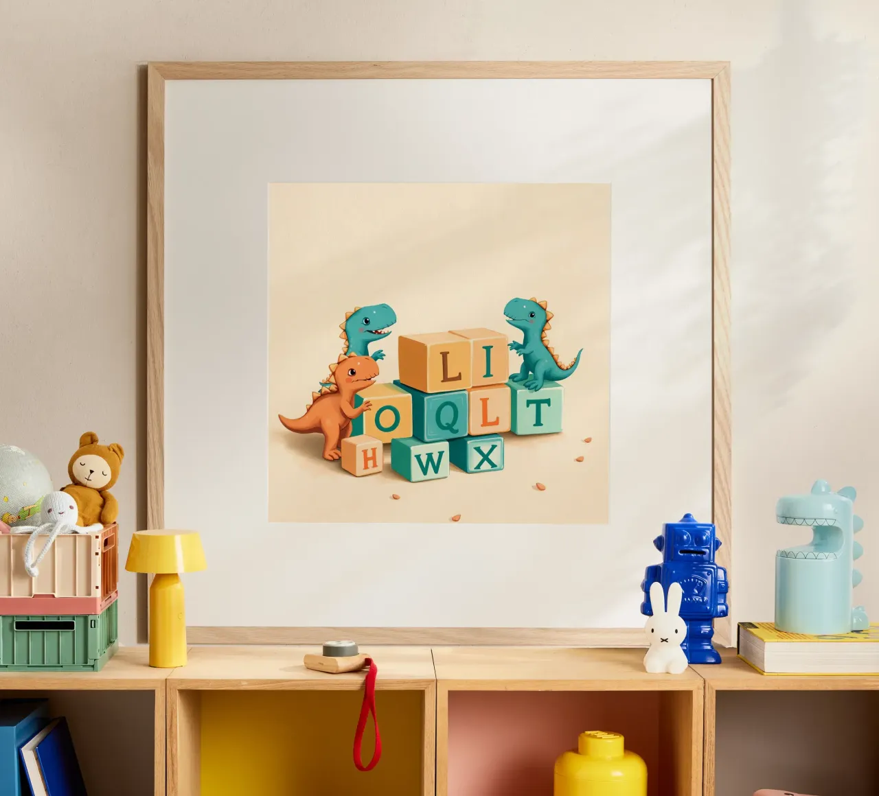Cute cartoon dinosaurs playing with colorful building blocks poster with wooden frame by DesignDoodle