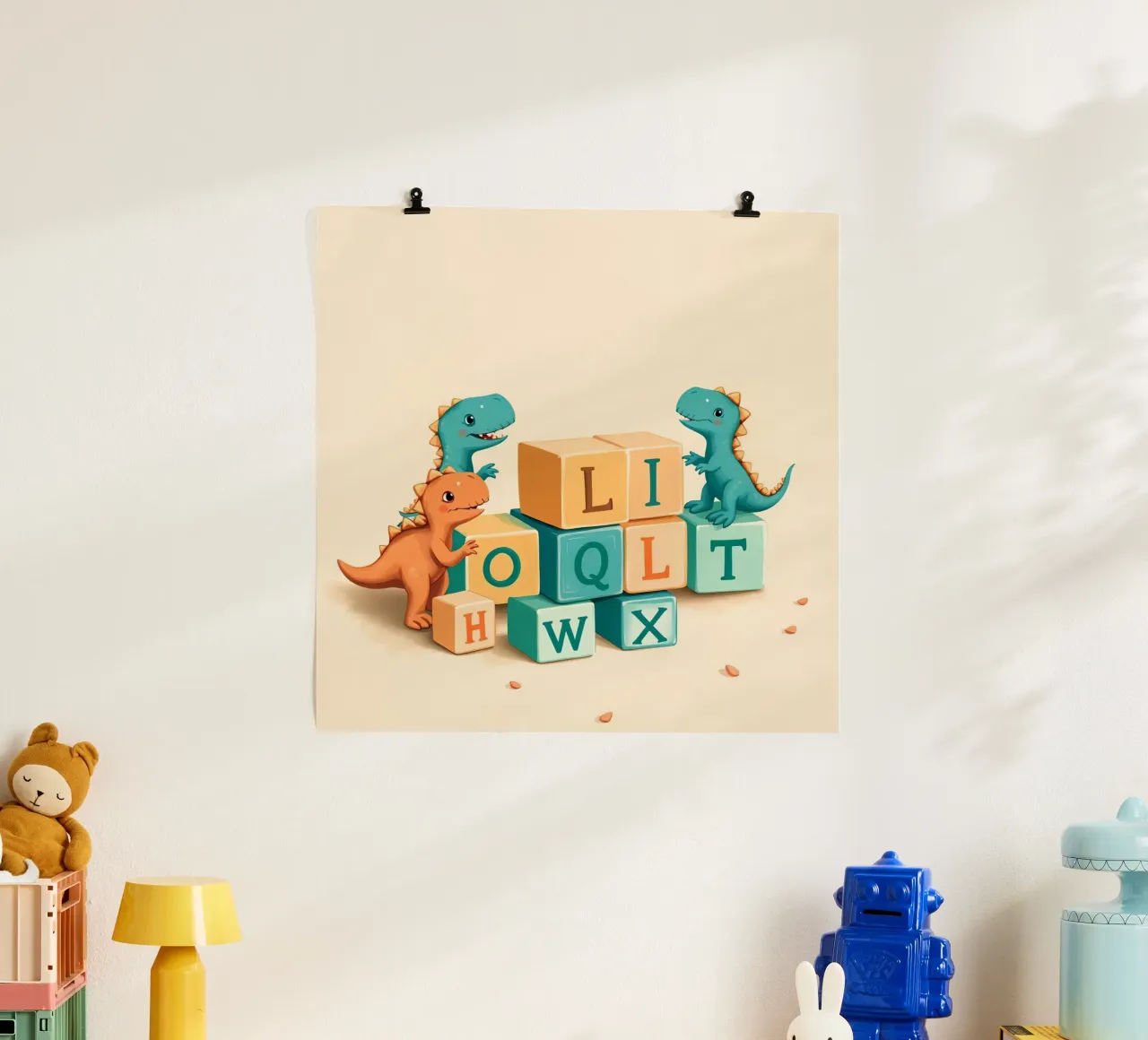 Cute cartoon dinosaurs playing with colorful building blocks poster with wooden frame by DesignDoodle