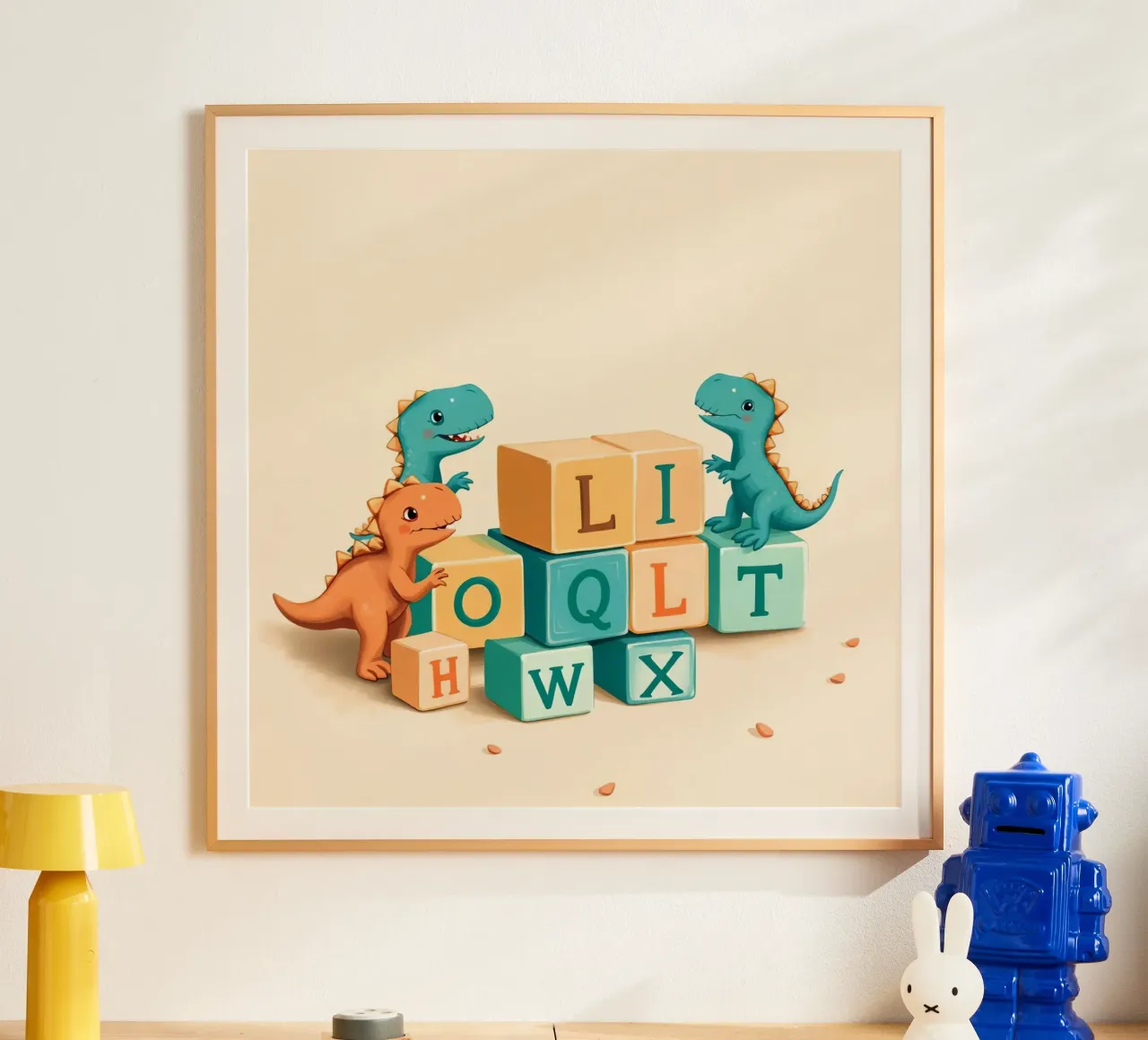 Cute cartoon dinosaurs playing with colorful building blocks poster with wooden frame by DesignDoodle