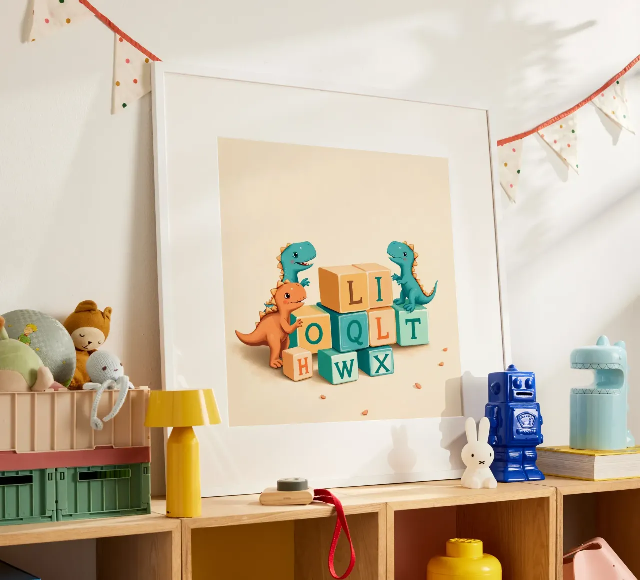 Cute cartoon dinosaurs playing with colorful building blocks poster with wooden frame by DesignDoodle
