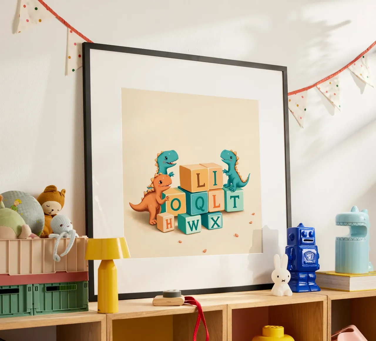 Cute cartoon dinosaurs playing with colorful building blocks poster with wooden frame by DesignDoodle