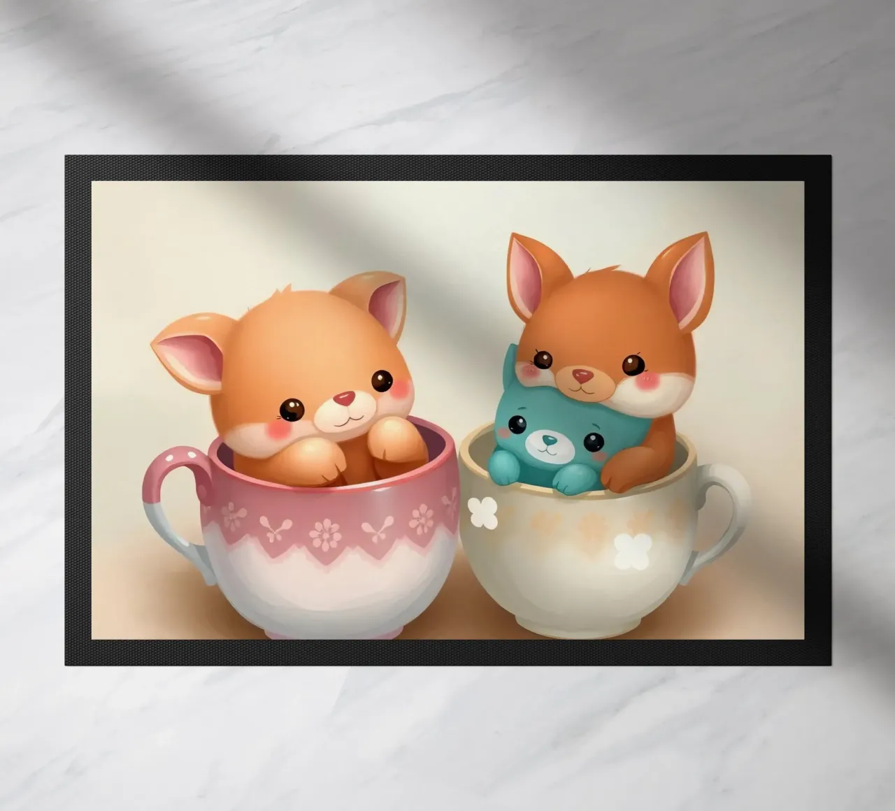 Simpatici personaggi animali giocano in tazze colorate zerbino da DesignDoodle