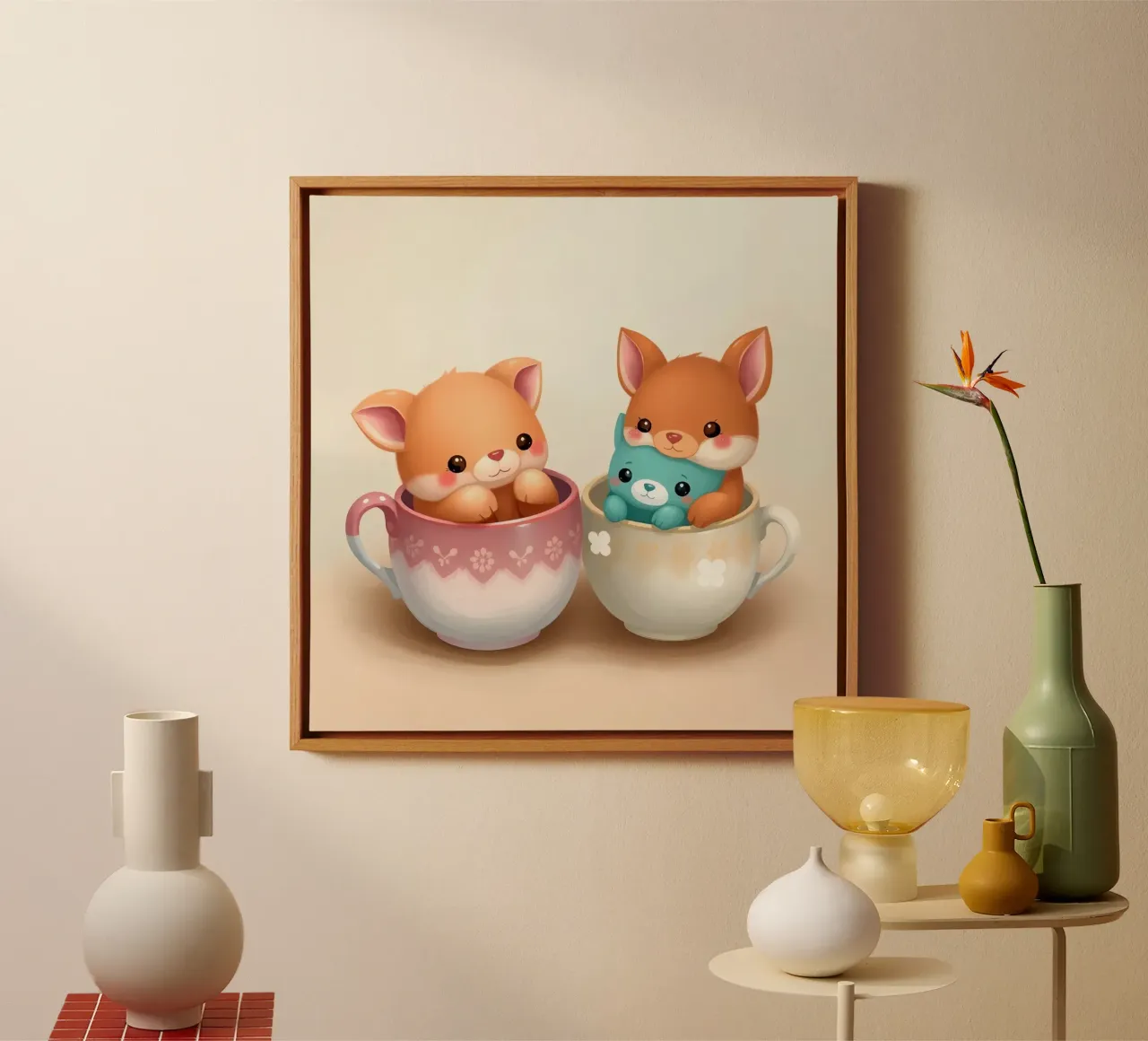Cute animal characters playfully nestled in colorful cups canvas by DesignDoodle