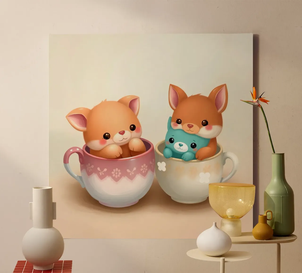 Cute animal characters playfully nestled in colorful cups canvas by DesignDoodle