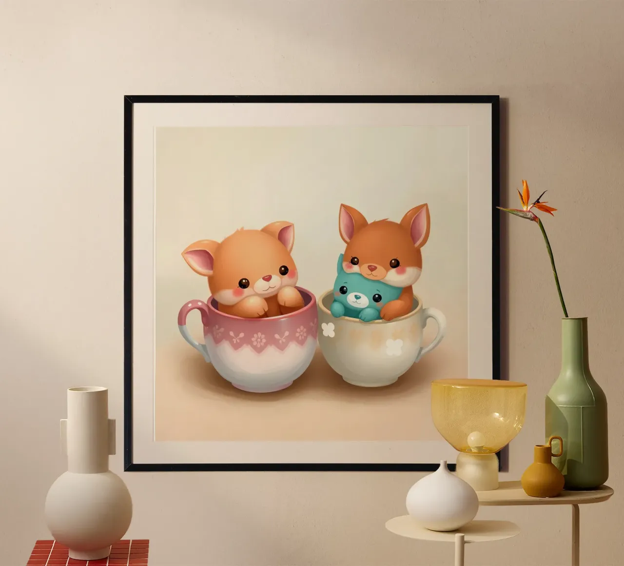 Simpatici personaggi animali giocano in tazze colorate poster da DesignDoodle