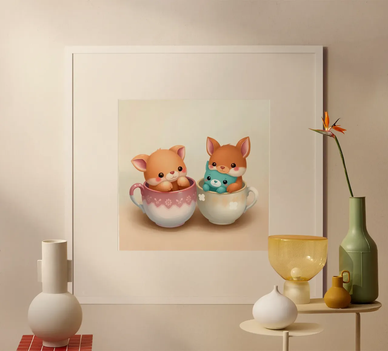 Simpatici personaggi animali giocano in tazze colorate poster da DesignDoodle