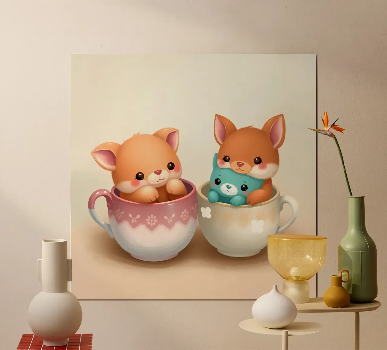 Simpatici personaggi animali giocano in tazze colorate poster da DesignDoodle