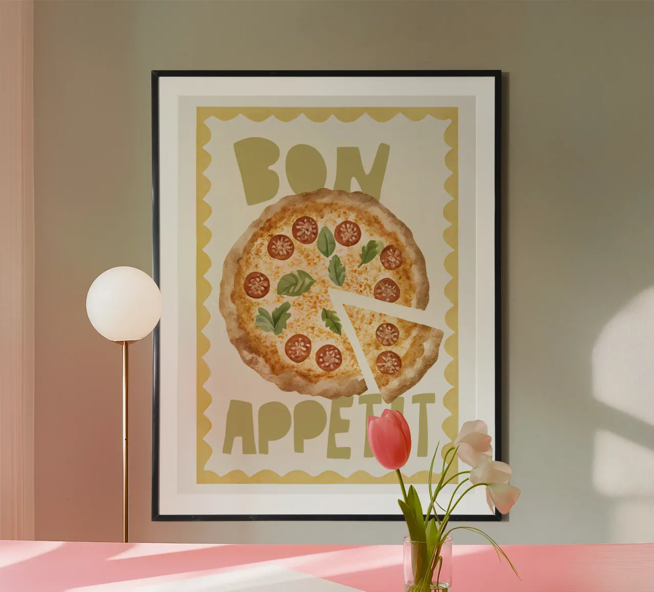 Bon Appetit, Pizza Print, Italy Poster poster con telaio in alluminio da DolceVita