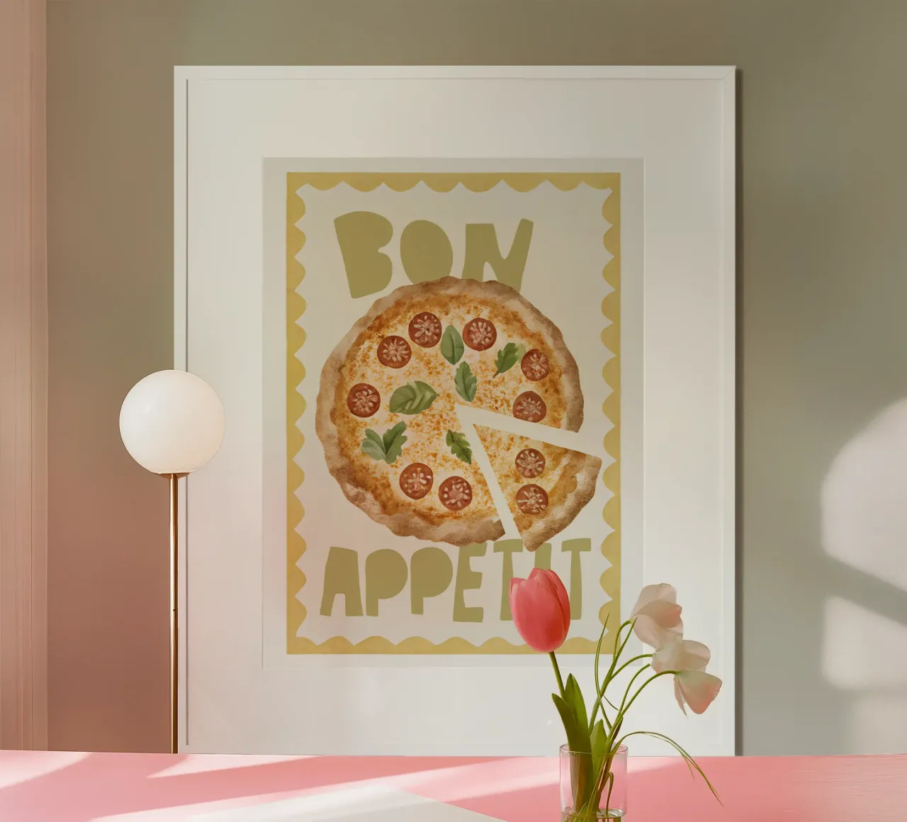 Bon Appetit, Pizza Print, Italy Poster poster con telaio in alluminio da DolceVita