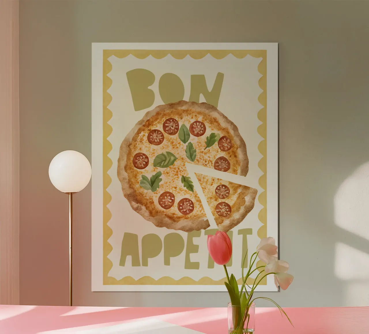 Bon Appetit, Pizza Print, Italy Poster poster con telaio in alluminio da DolceVita