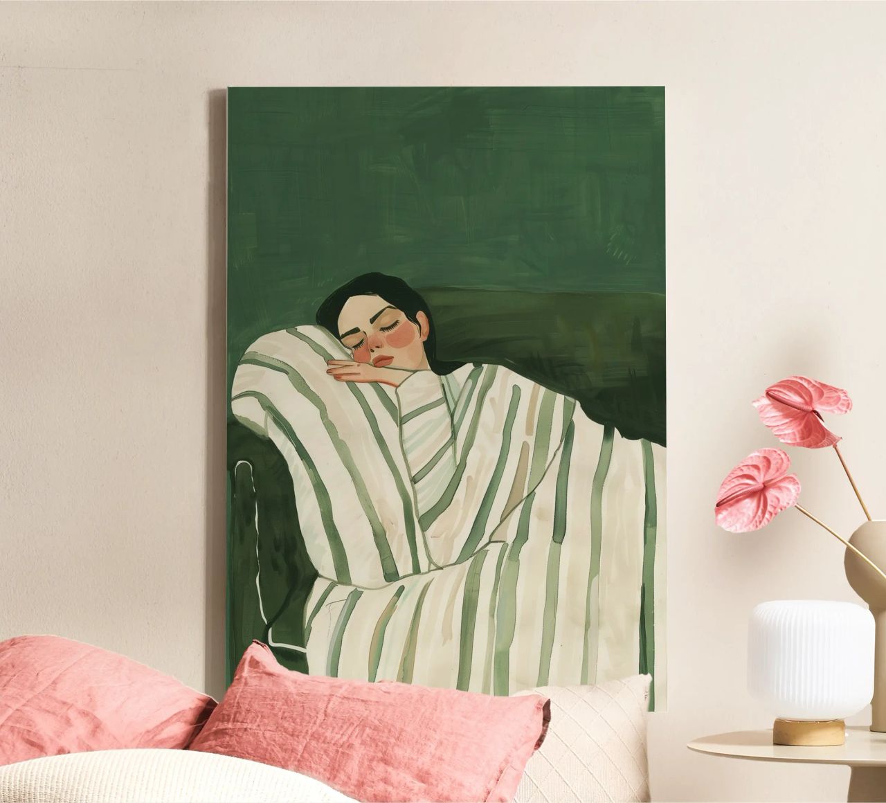 Smaragdgrüne abstrakte Frau Wandkunst, schlafende Frau drucken Leinwand von Boheme