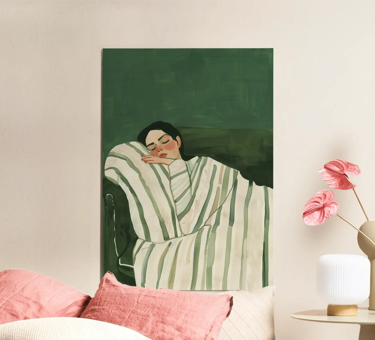 Arte murale donna astratta verde smeraldo, stampa donna addormentata carta hahnemühle da Boheme