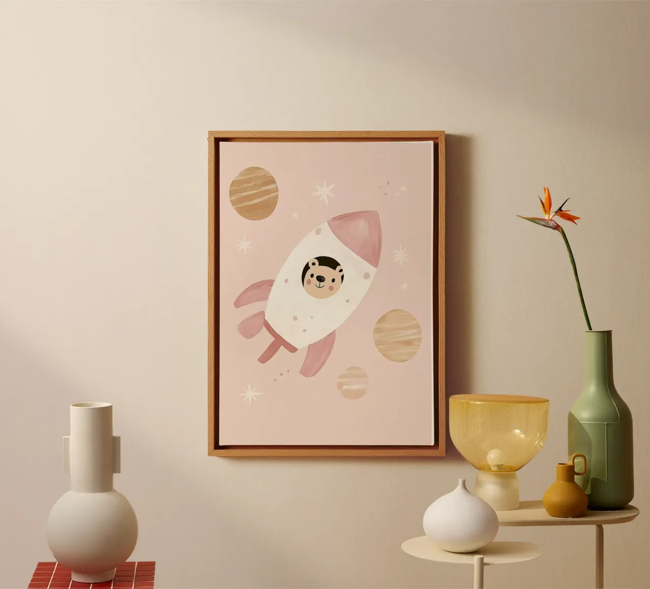 Cute Bear in Space, Rocket Poster, Nursery Print, Space Art canvas with Floater frame by Little Lola