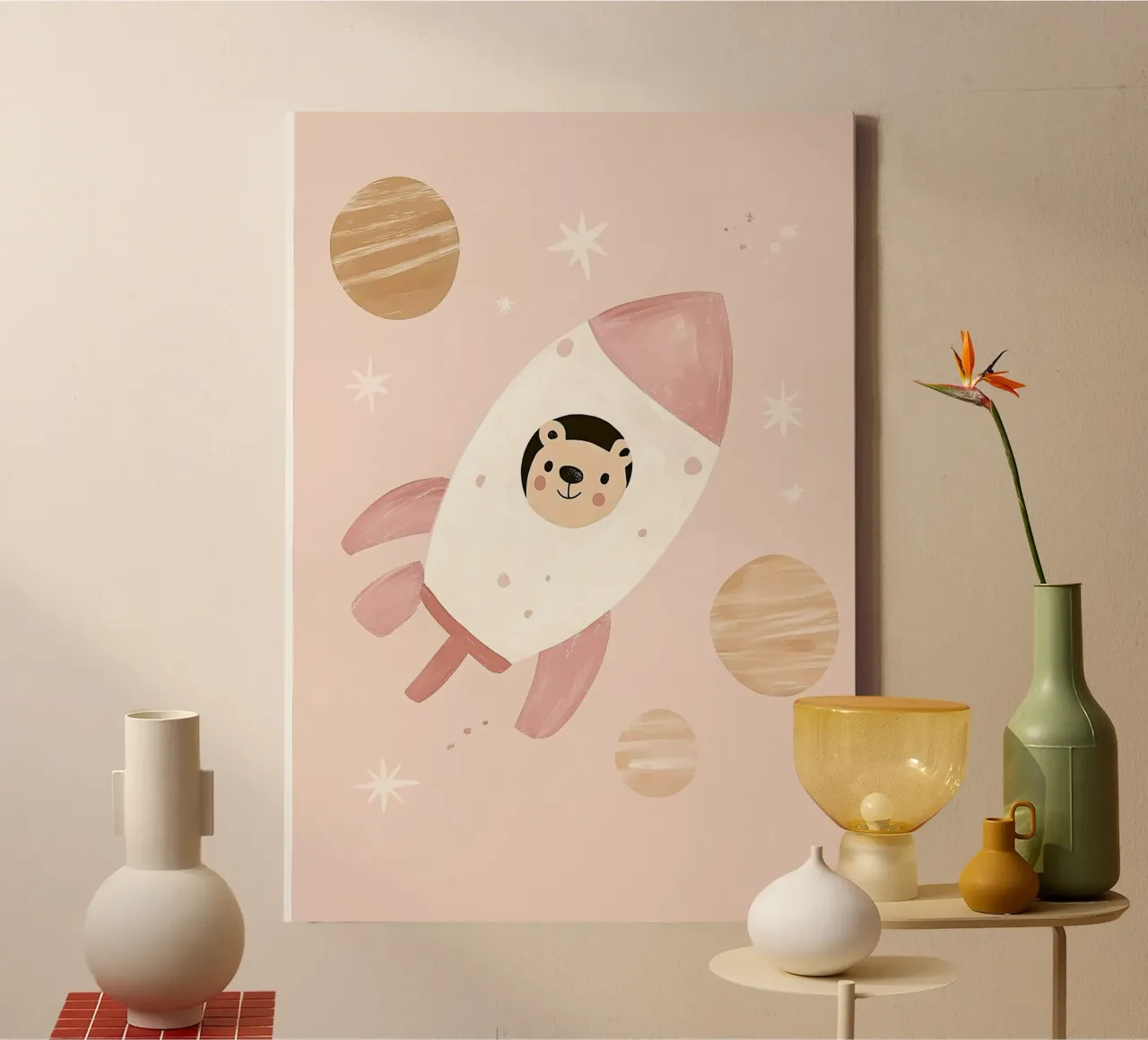 Cute Bear in Space, Rocket Poster, Nursery Print, Space Art canvas with Floater frame by Little Lola