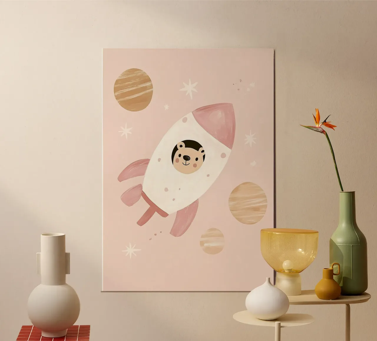 Ourson mignon dans l'espace, affiche de fusée, impression de chambre d'enfant, art de l'espace poster avec cadre en bois de Little Lola