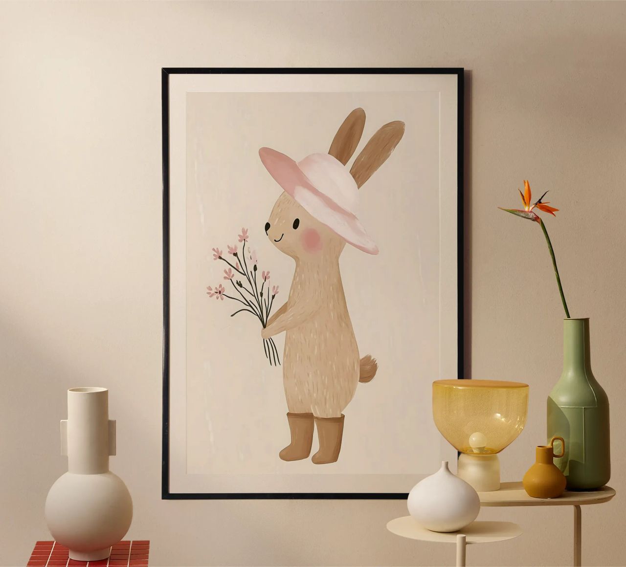 Niedlicher Hase mit Blumen, Kinderzimmer Wandkunst, Tierposter Poster von Little Lola