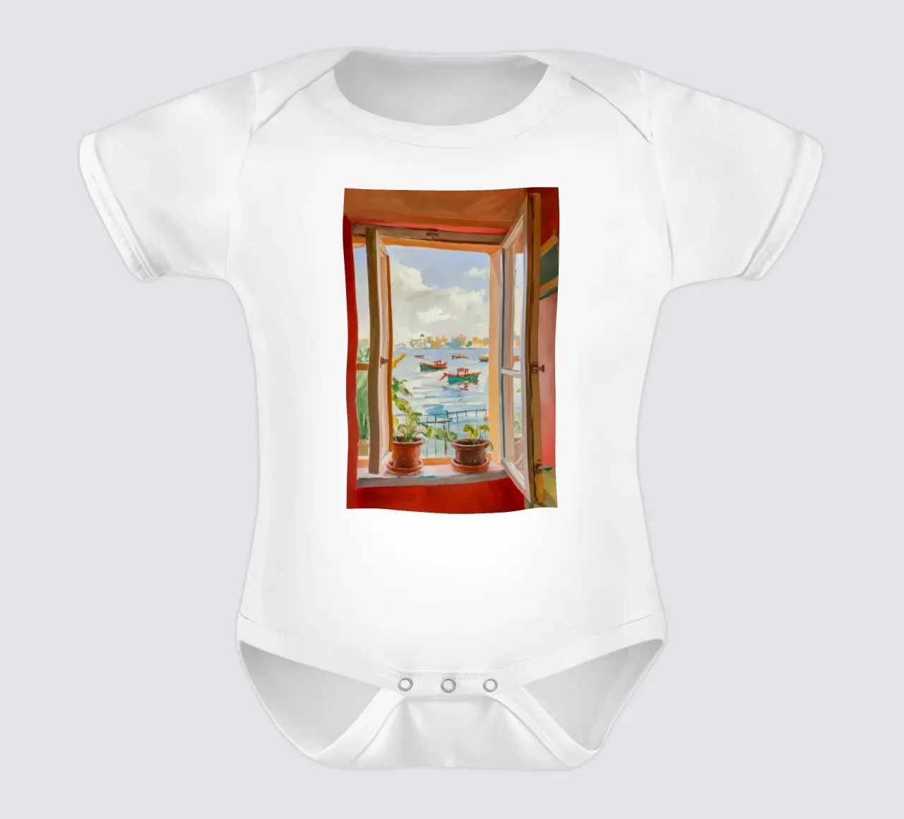 Window Seat Reverie short-sleeve baby romper by Haven Mirage