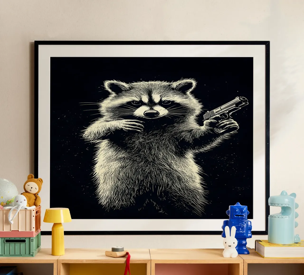Waschbär mit Pistole hahnemühle de WILD ART