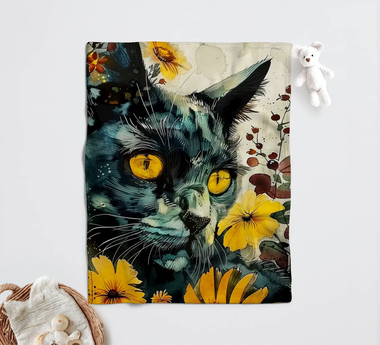 Schwarze Katze Fleecedecke von Lionmixart