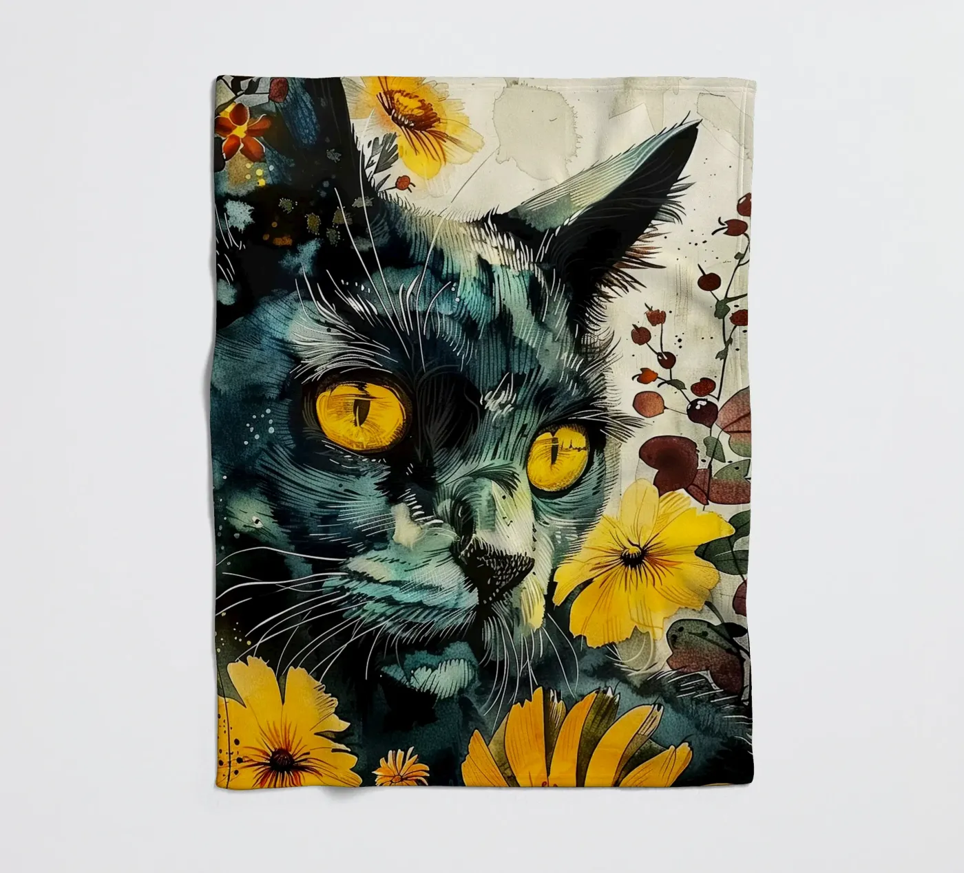 Black cat fleece blanket by Lionmixart