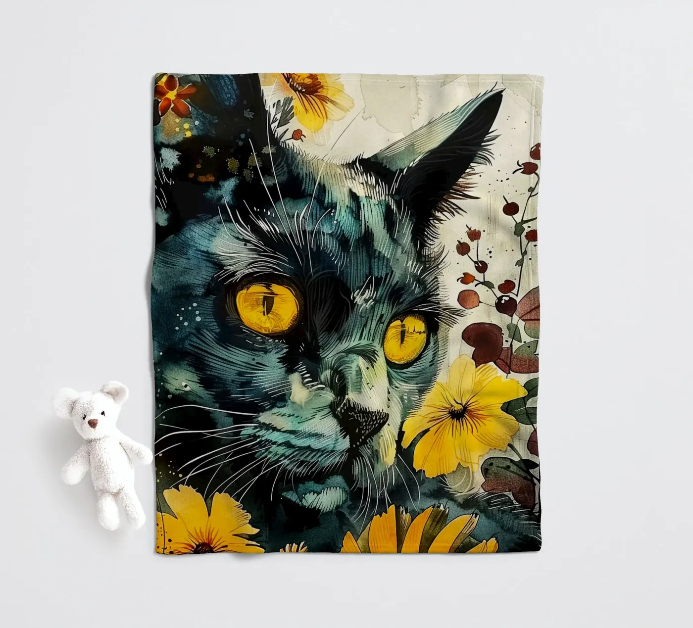 Black cat fleece blanket by Lionmixart