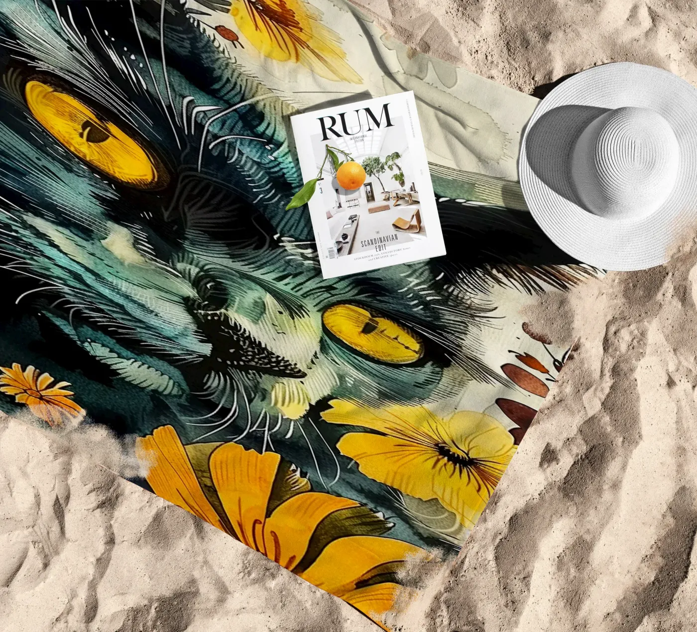 Gatto nero telo mare da Lionmixart