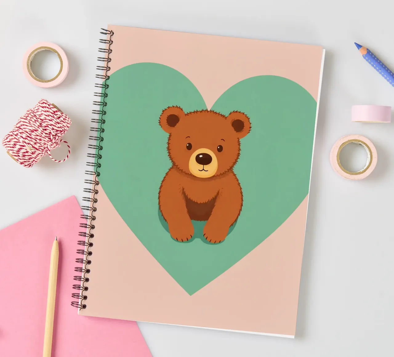 Cute animal characters playfully nestled in colorful cups spiral notebook by DesignDoodle