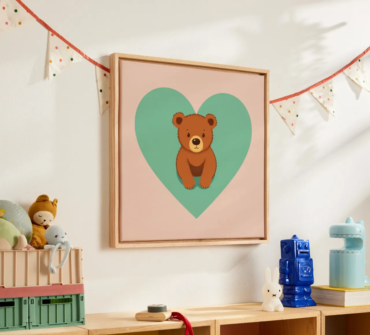 Cute animal characters playfully nestled in colorful cups canvas with Floater frame by DesignDoodle