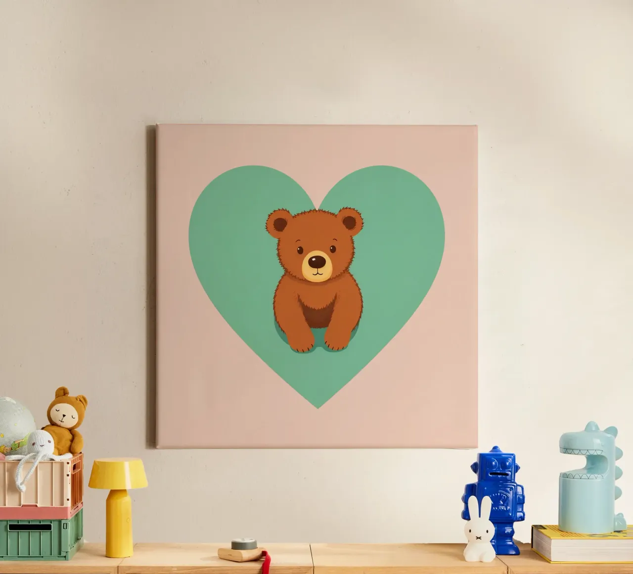 Cute animal characters playfully nestled in colorful cups canvas with Floater frame by DesignDoodle
