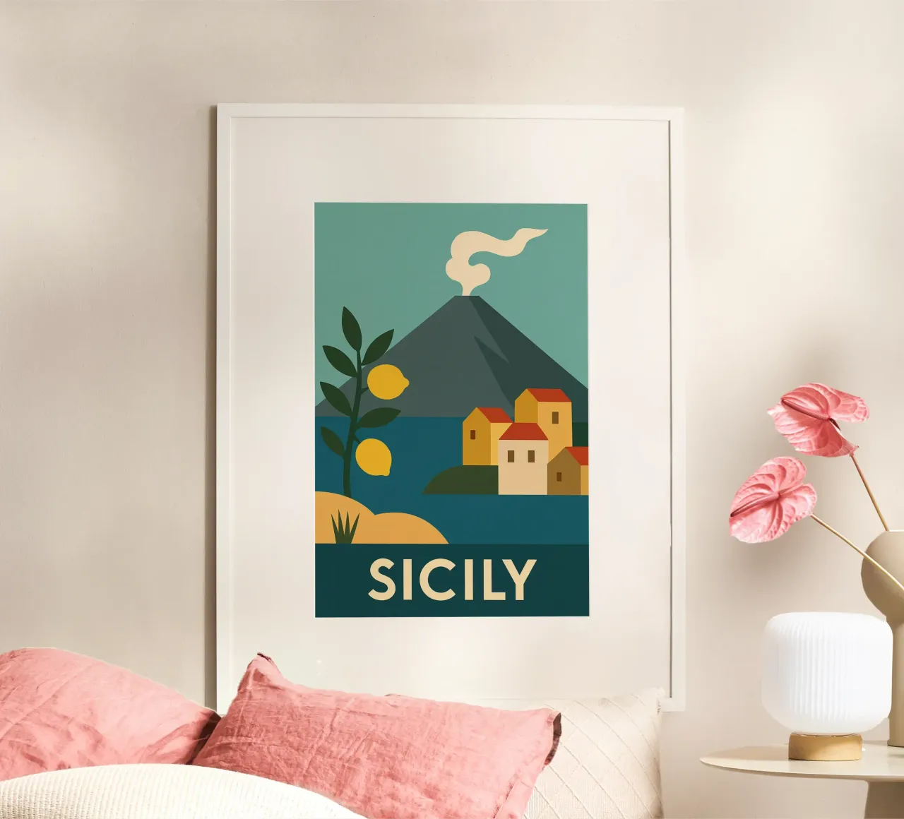 Sicilia - Limoni, vulcani e villaggi inondati di luce poster con telaio in alluminio da JETLAG | affiches voyage
