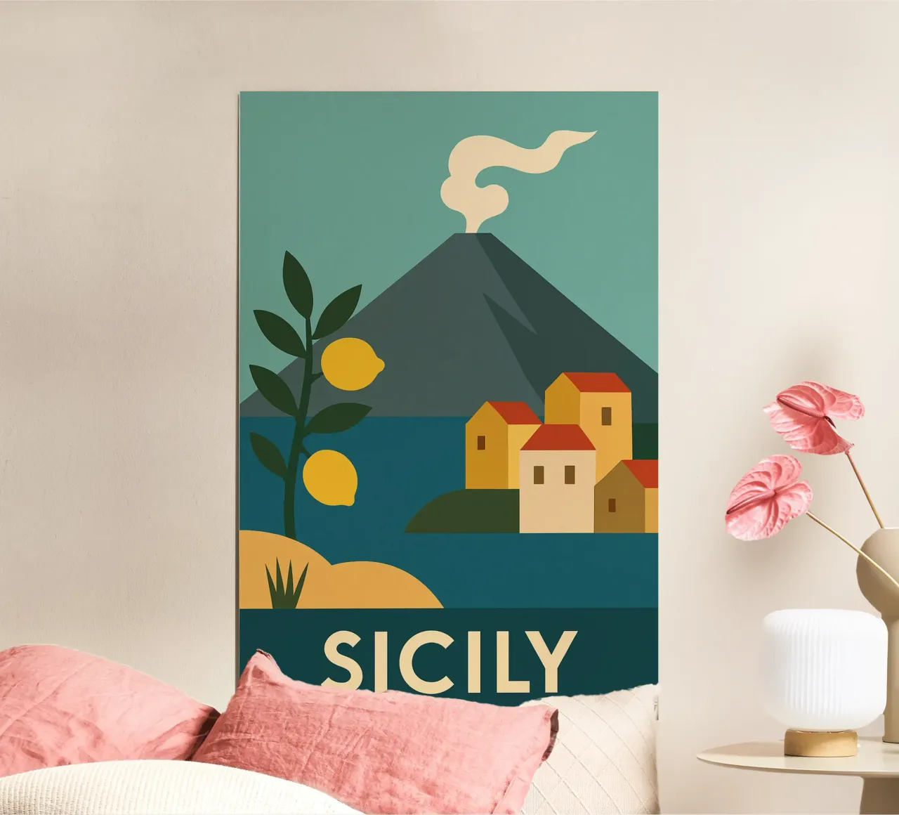 Sicilia - Limoni, vulcani e villaggi inondati di luce poster con telaio in alluminio da JETLAG | affiches voyage