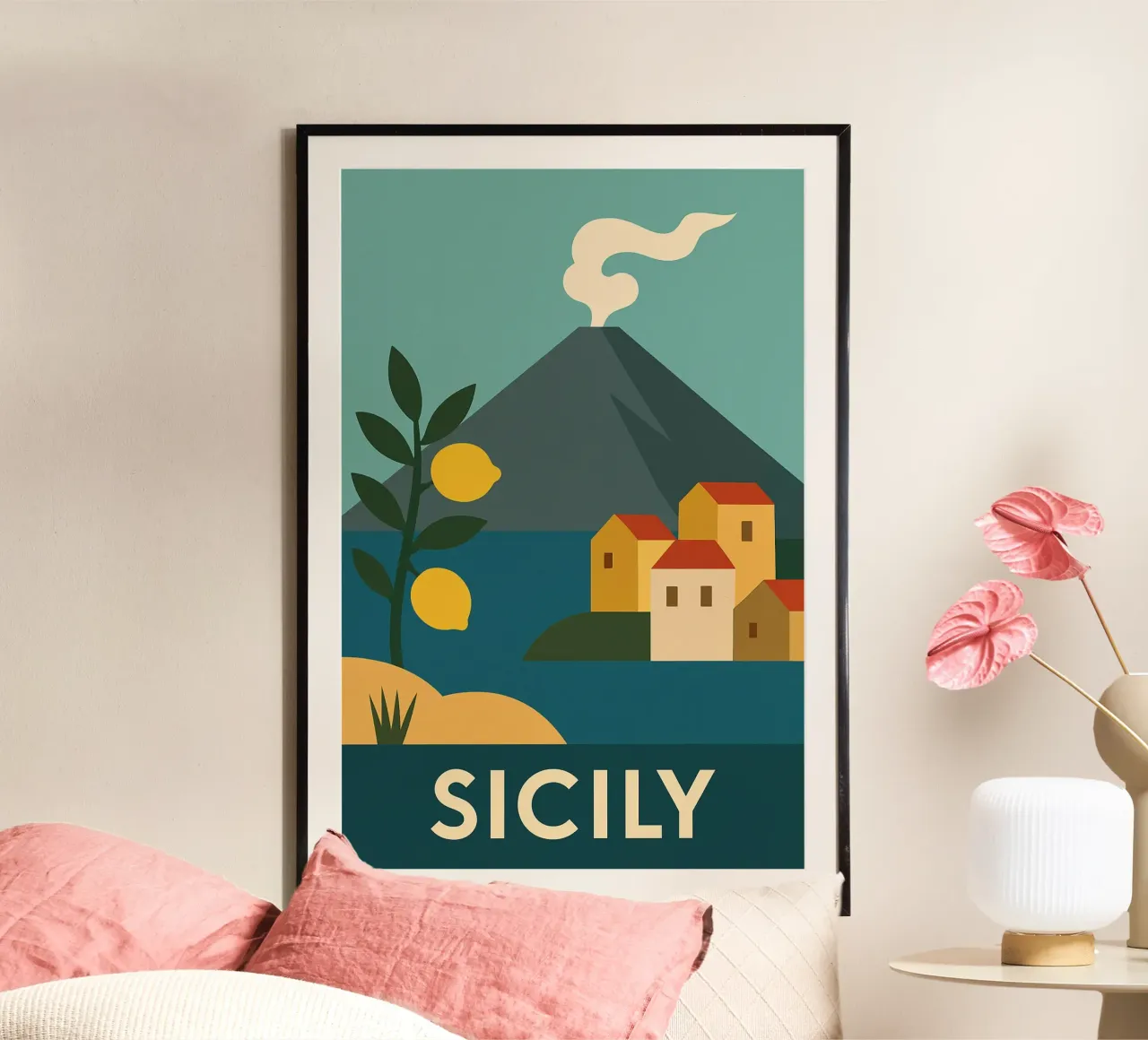 Sicilia - Limoni, vulcani e villaggi inondati di luce poster con telaio in alluminio da JETLAG | affiches voyage