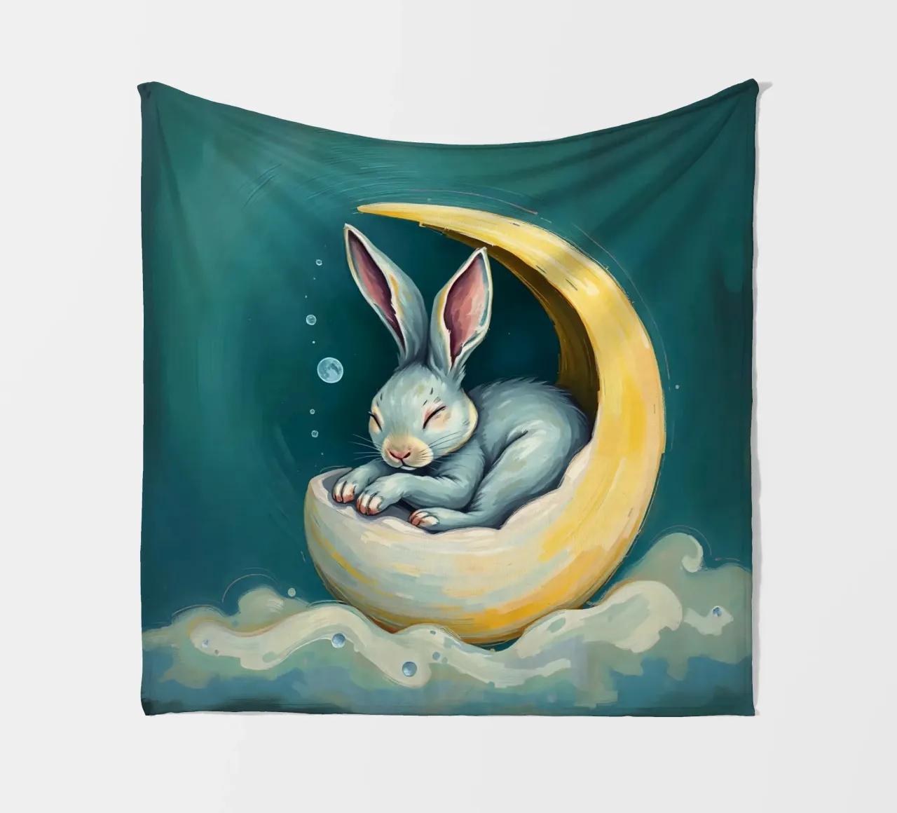 Sleeping bunny nestled in crescent moon with gentle clouds fleece blanket by DesignDoodle