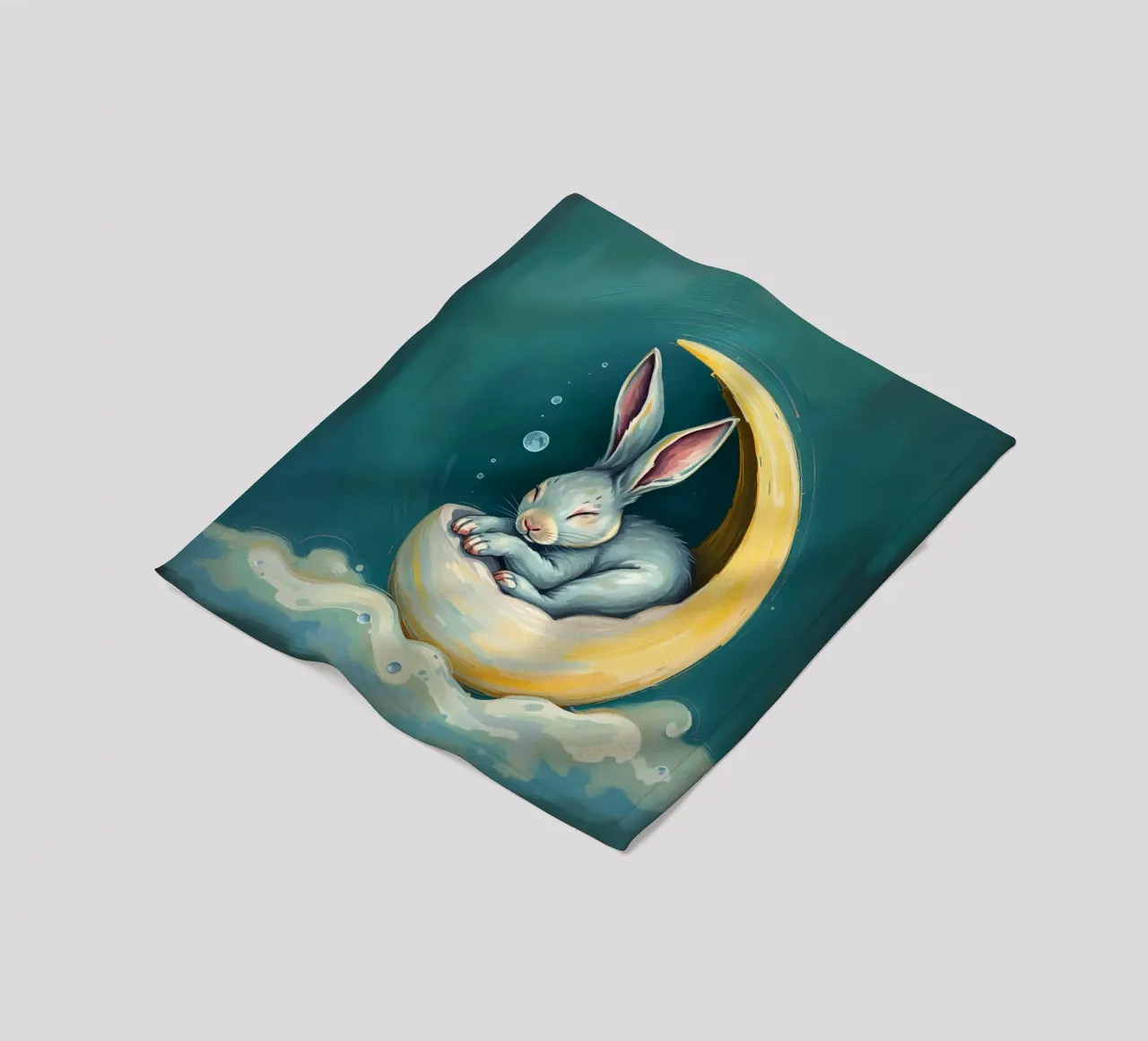 Sleeping bunny nestled in crescent moon with gentle clouds fleece blanket by DesignDoodle