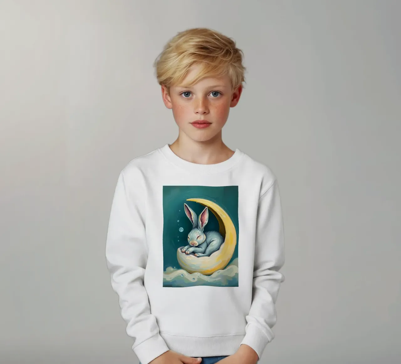 Coniglietto addormentato nella luna crescente con nuvole delicate felpa bambino da DesignDoodle