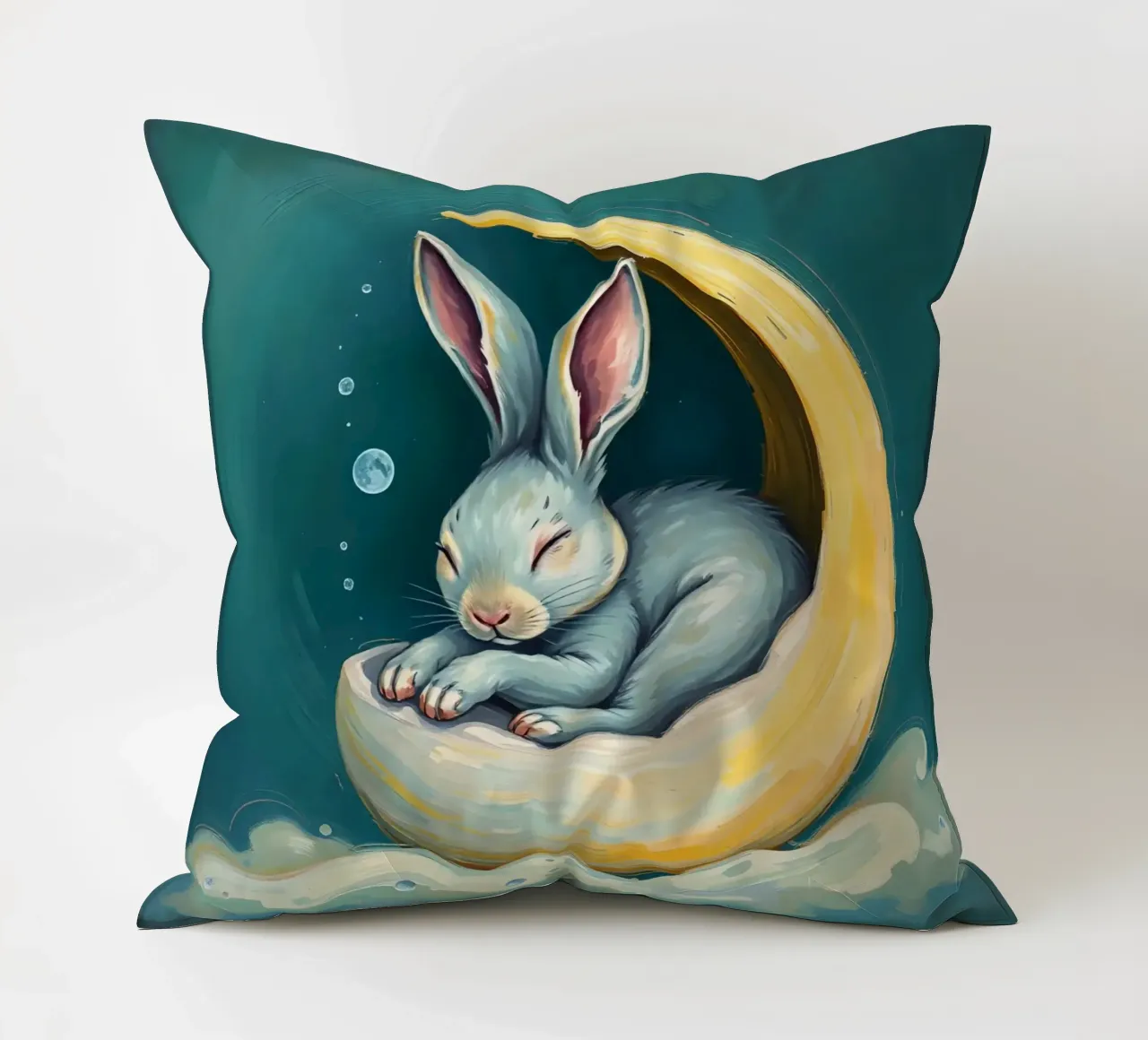 Sleeping bunny nestled in crescent moon with gentle clouds decorative cushion by DesignDoodle