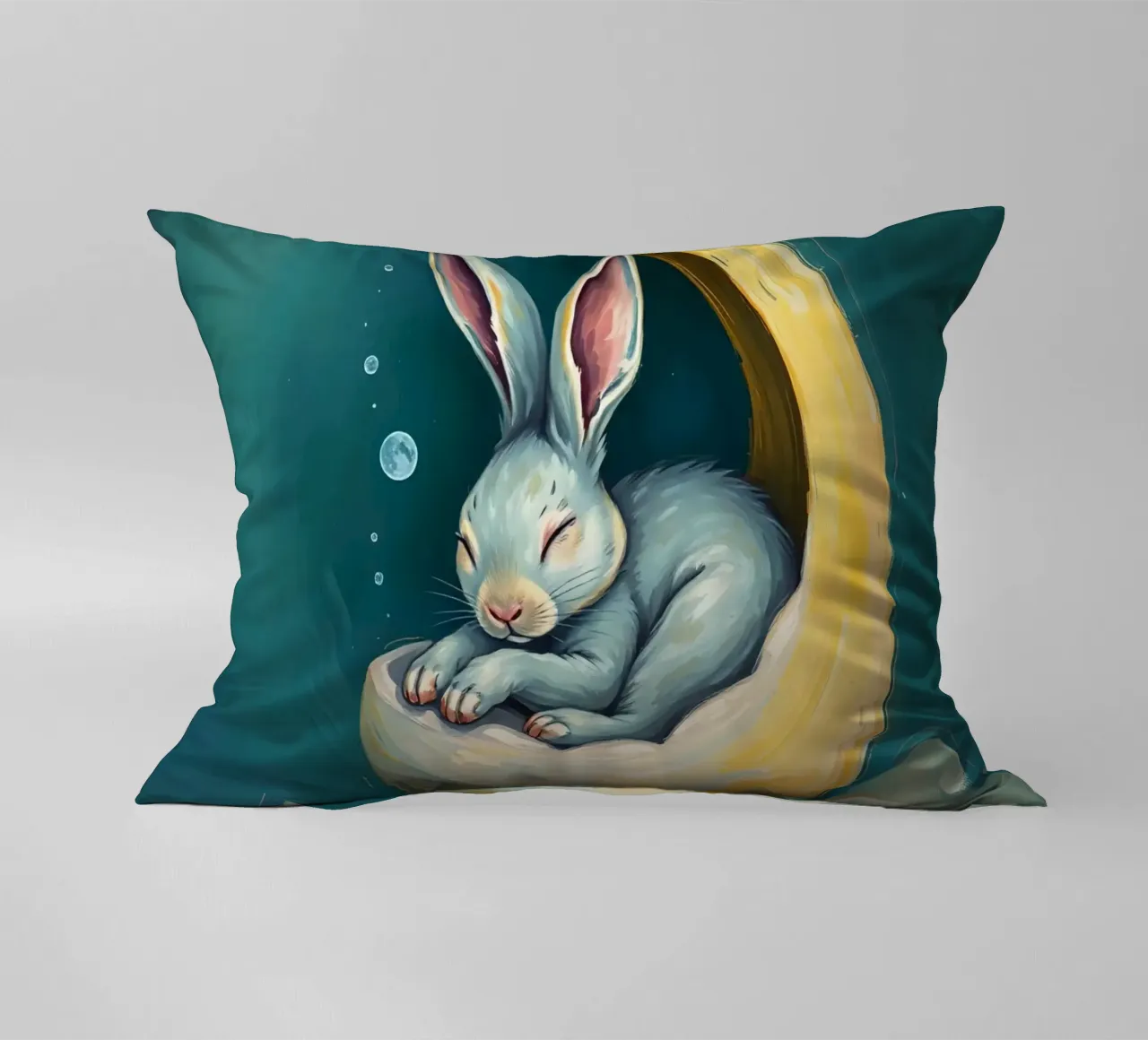 Sleeping bunny nestled in crescent moon with gentle clouds decorative cushion by DesignDoodle