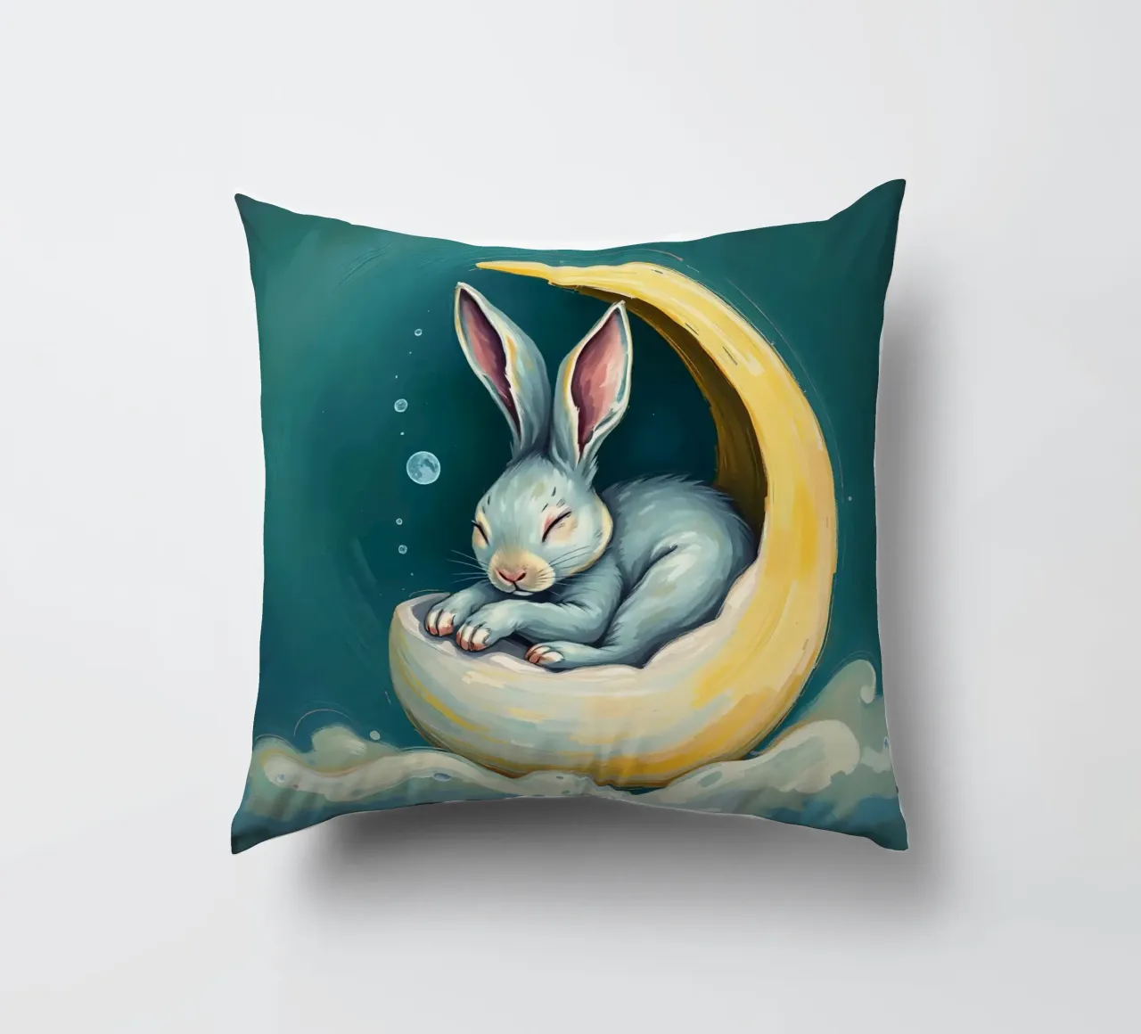 Sleeping bunny nestled in crescent moon with gentle clouds decorative cushion by DesignDoodle