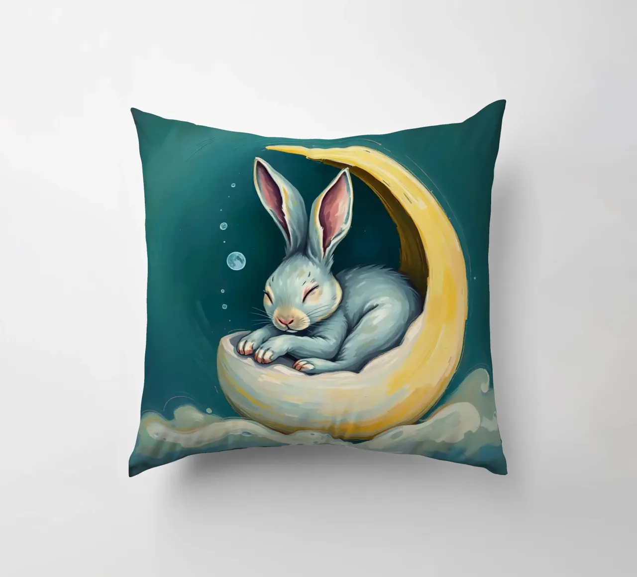Sleeping bunny nestled in crescent moon with gentle clouds decorative cushion by DesignDoodle