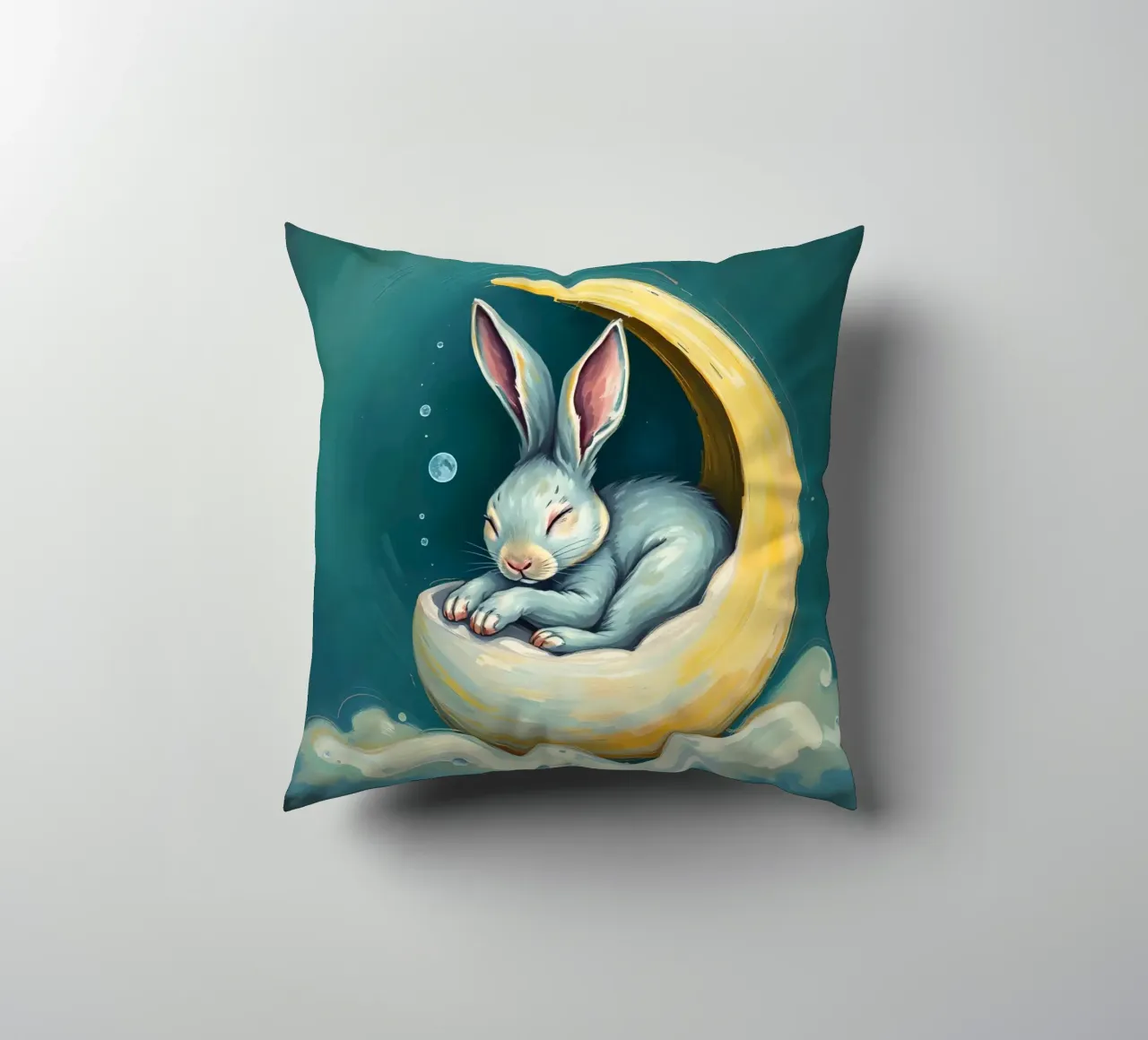 Sleeping bunny nestled in crescent moon with gentle clouds decorative cushion by DesignDoodle