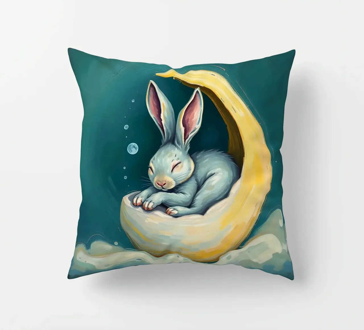 Sleeping bunny nestled in crescent moon with gentle clouds decorative cushion by DesignDoodle