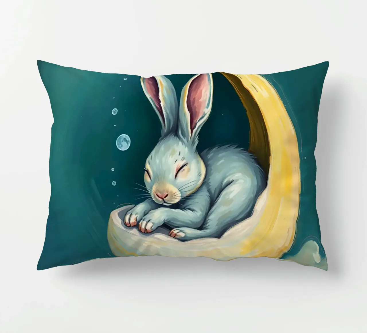 Sleeping bunny nestled in crescent moon with gentle clouds decorative cushion by DesignDoodle