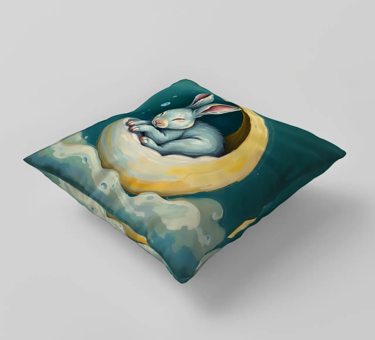 Sleeping bunny nestled in crescent moon with gentle clouds decorative cushion by DesignDoodle