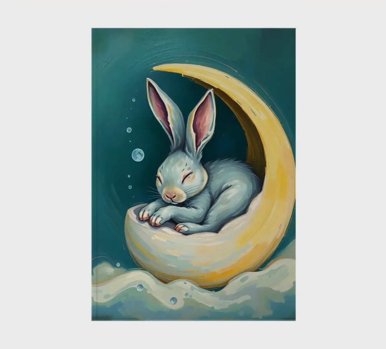 Sleeping bunny nestled in crescent moon with gentle clouds notebook by DesignDoodle
