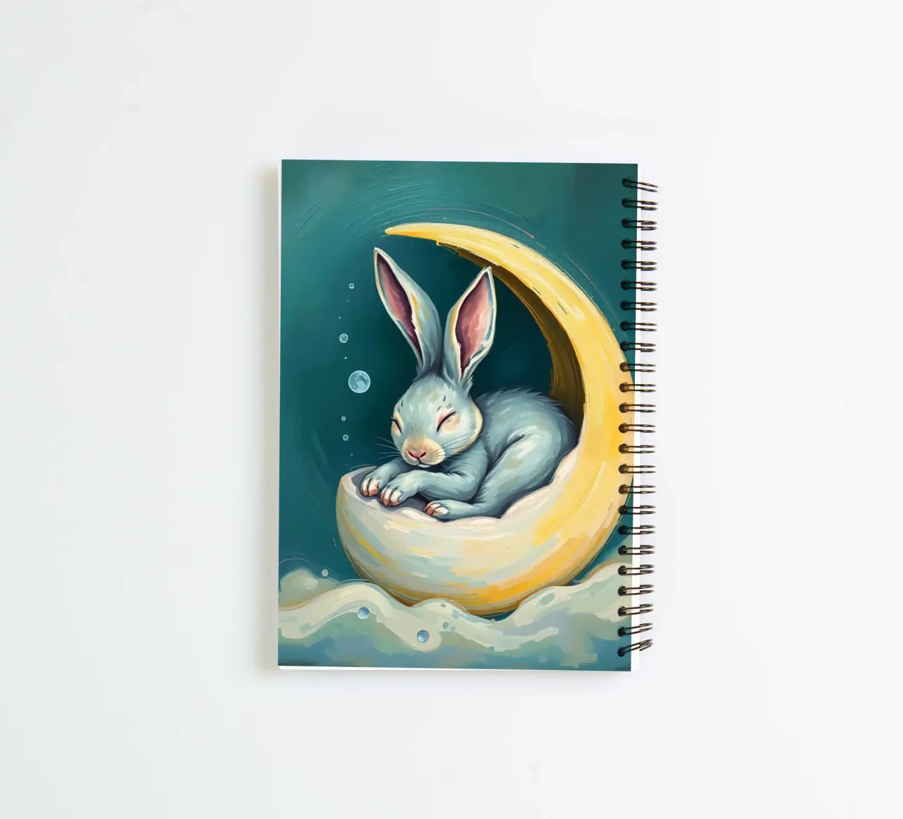 Sleeping bunny nestled in crescent moon with gentle clouds spiral notebook by DesignDoodle