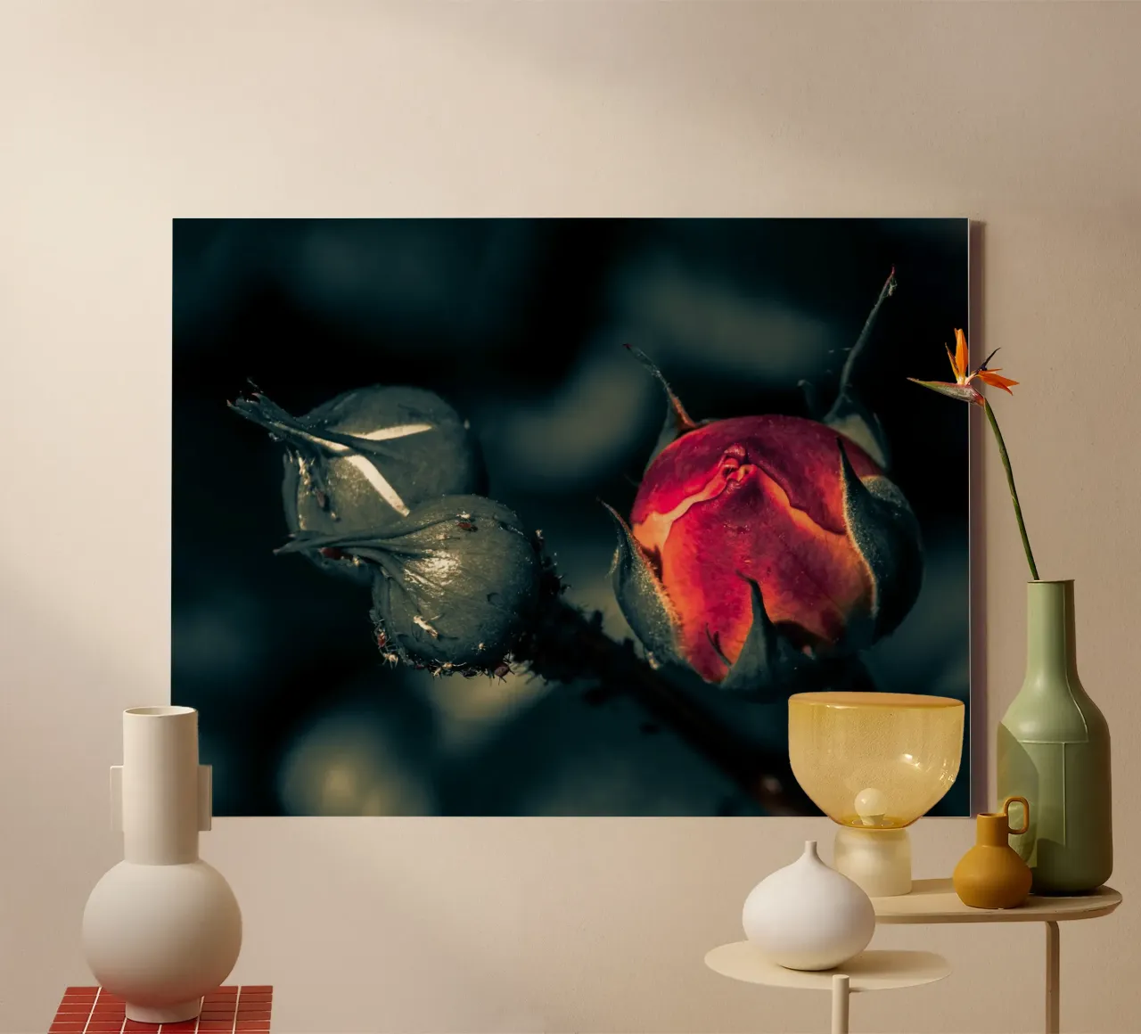 Karminrote Rosenknospe in der Abenddämmerung Leinwand mit Schattenfugenrahmen von PhotoVibe Decor