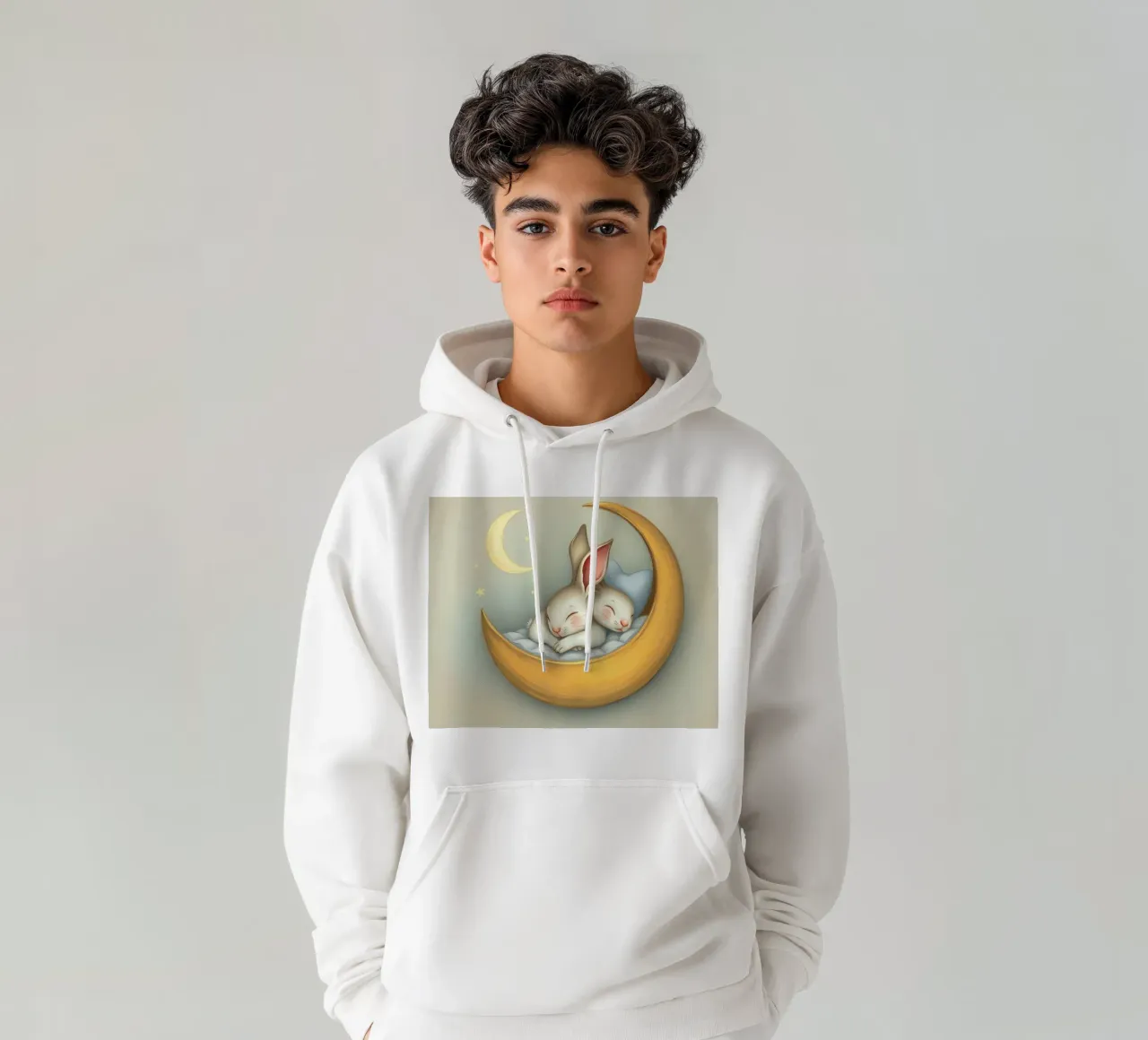 Due conigli che dormono tranquilli su una luna crescente felpa con cappuccio da DesignDoodle