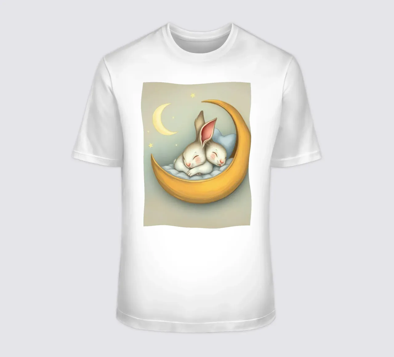 Two rabbits sleeping peacefully on a crescent moon t-shirt by DesignDoodle