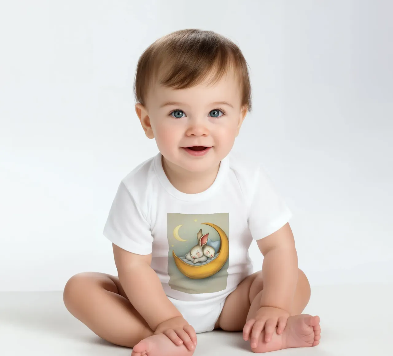 Due conigli che dormono tranquilli su una luna crescente body neonato maniche corte da DesignDoodle